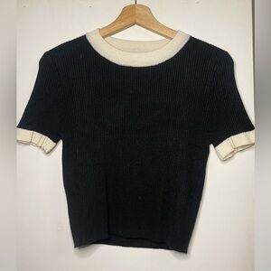 Black and Cream Contrast Ribbed Knit Ringer Crop Top